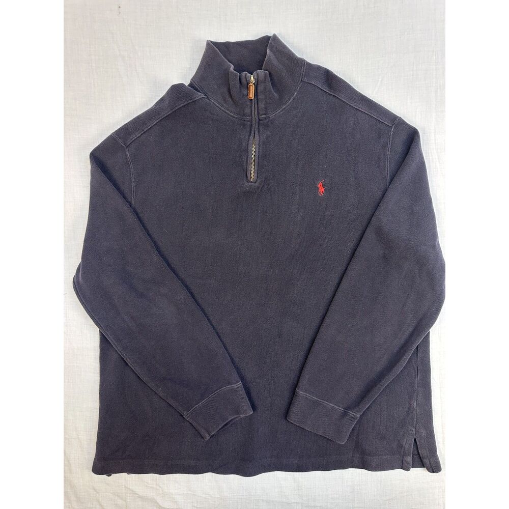 Vintage Polo Ralph Lauren Quarter Zip Sweater Navy Leather Pull XL